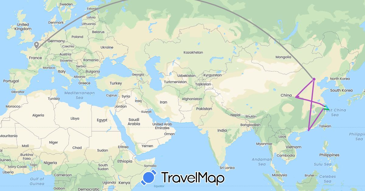 TravelMap itinerary: driving, bus, train, hiking, boat in China (Asia)